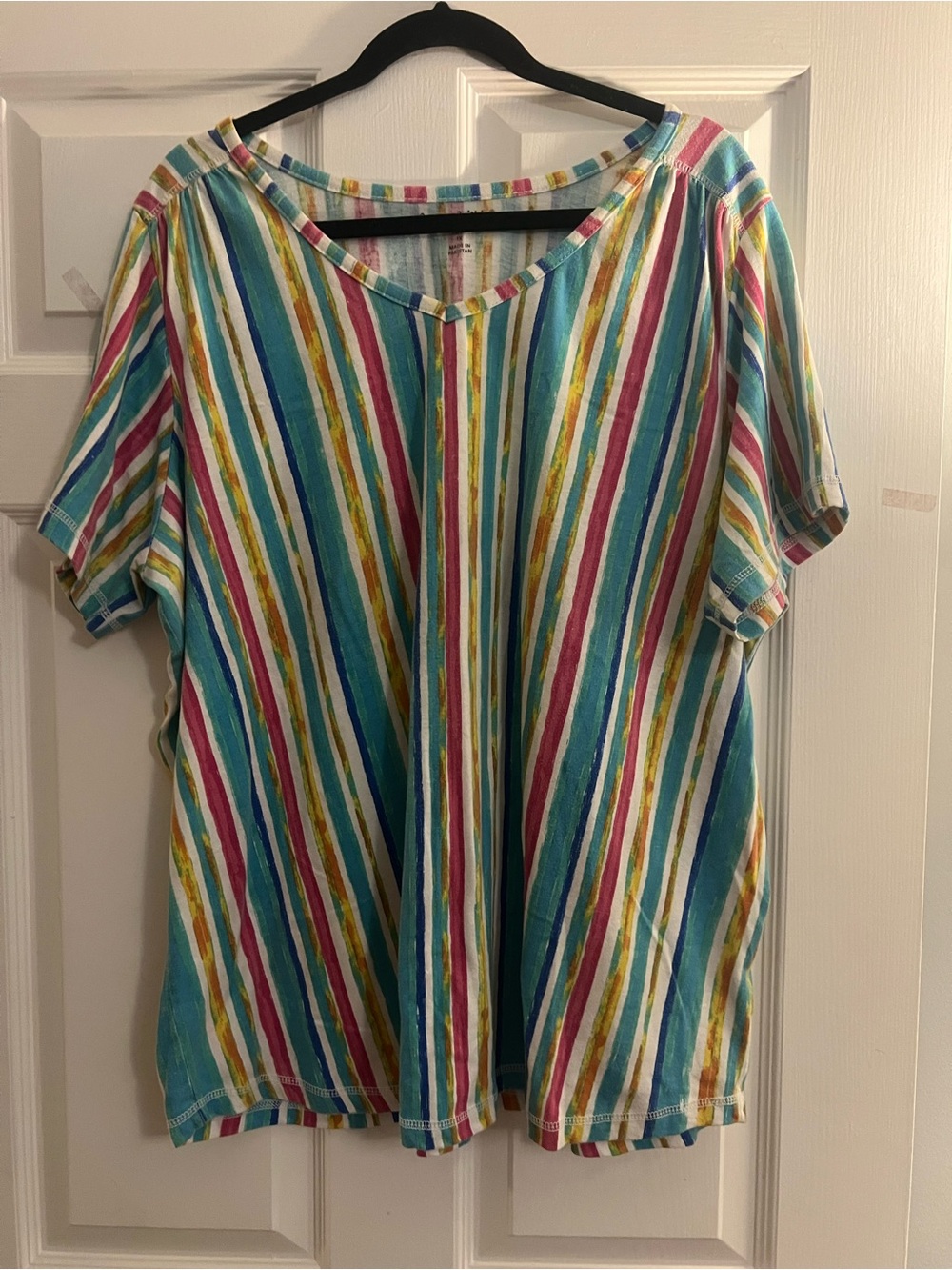 Woman Within Multi-Stripe Short Sleeve V-Neck Top in Teal, Pink & Yellow
